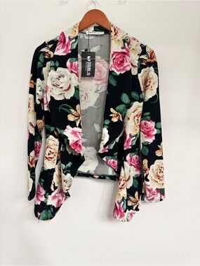 Doublju Black Floral Draped Open-Front Blazer